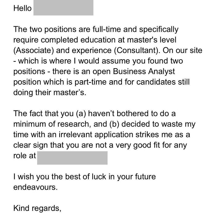 Screenshot of a rejection email emphasizing strict job requirements that made candidates nope out quick from the hiring process.