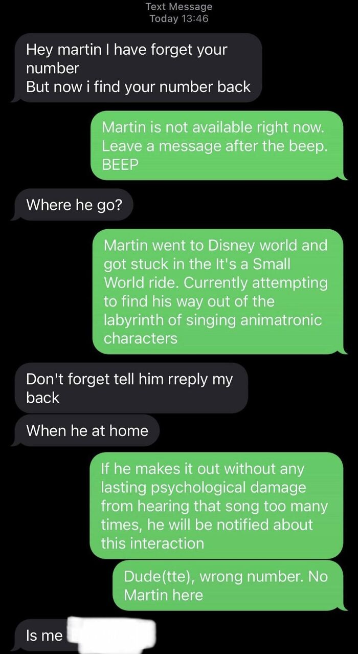 Text conversation with funny messages sent to the wrong recipient, involving a misunderstanding about someone named Martin.