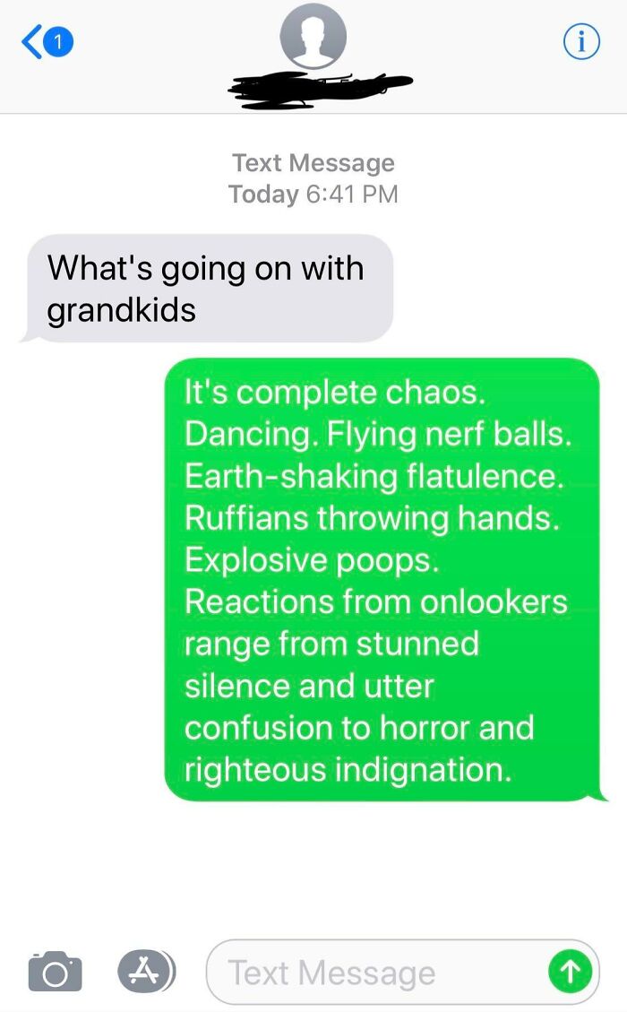 Text exchange showing funny messages sent to the wrong recipient about chaotic grandkids' activities.
