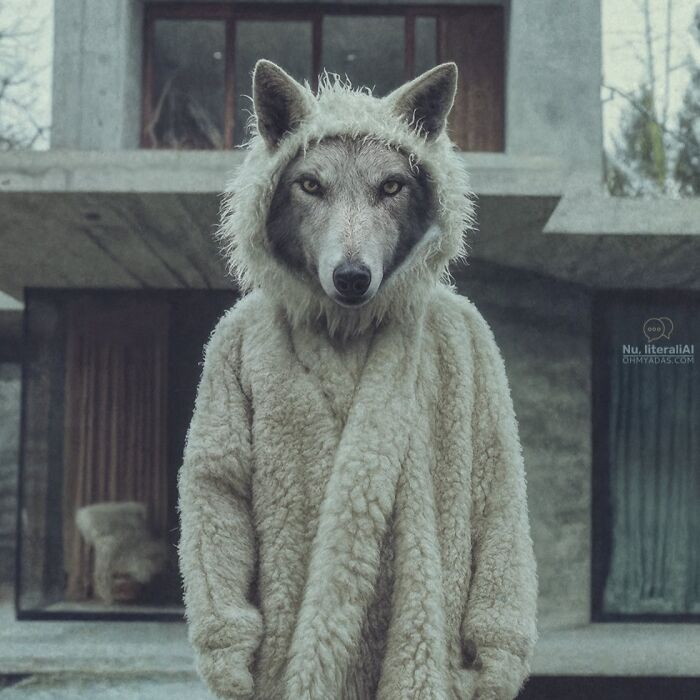 Wolf in a fluffy robe resembling sheep's wool, symbolizing a funny native idiom concept in a modern setting.