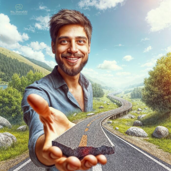 Smiling man extending a road in a surreal landscape, illustrating Lithuanian idioms with AI-generated imagery.
