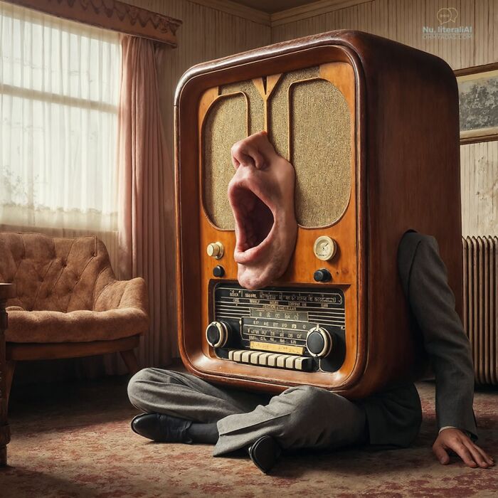 Surreal image of a person with a vintage radio for a head, capturing funny native idioms visually.