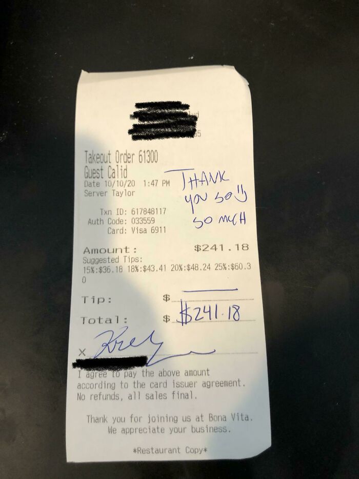 Receipt showing zero tip on a $241 bill, highlighting mildly infuriating server tips, with a thank you note written on it.