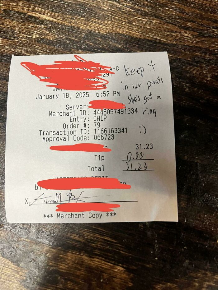 Receipt showing zero tip, annotated with a mildly infuriating comment for server tips.