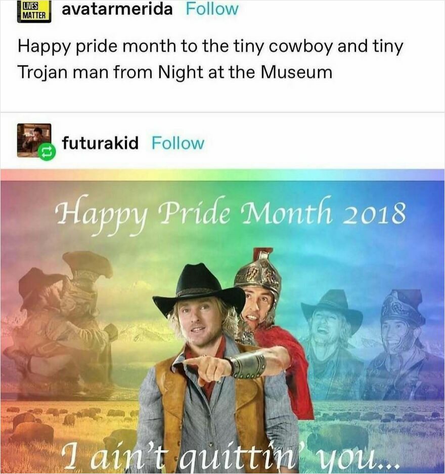 Funny puncrastination meme featuring tiny cowboy and Trojan man with pride message.