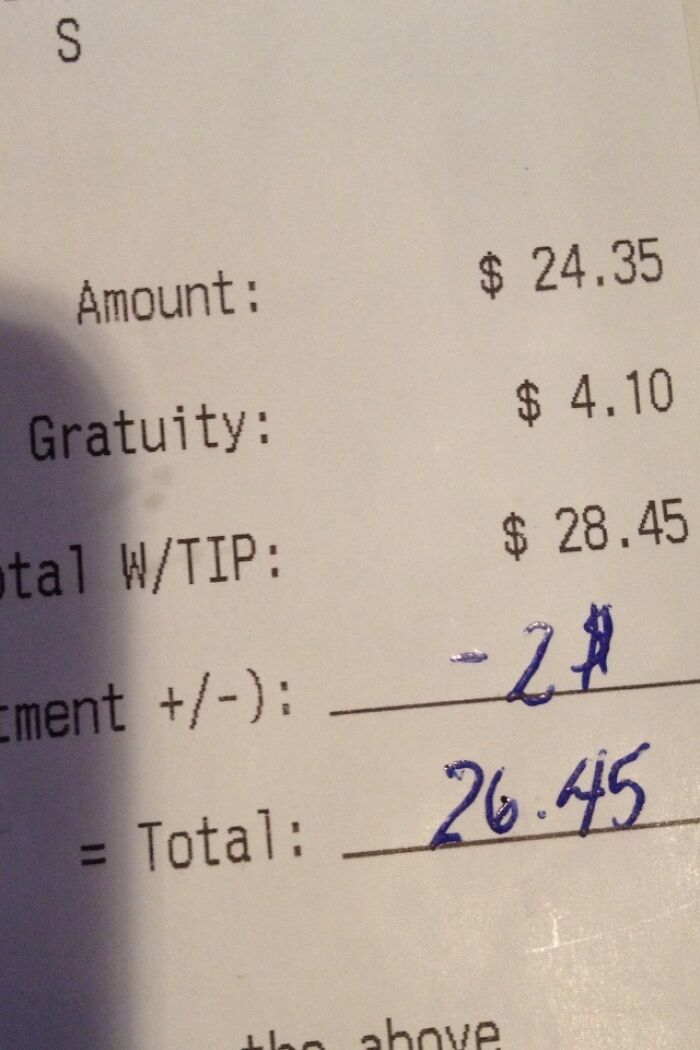 Receipt showing adjusted tip amount, illustrating mildly infuriating server tips practice with manual calculation.