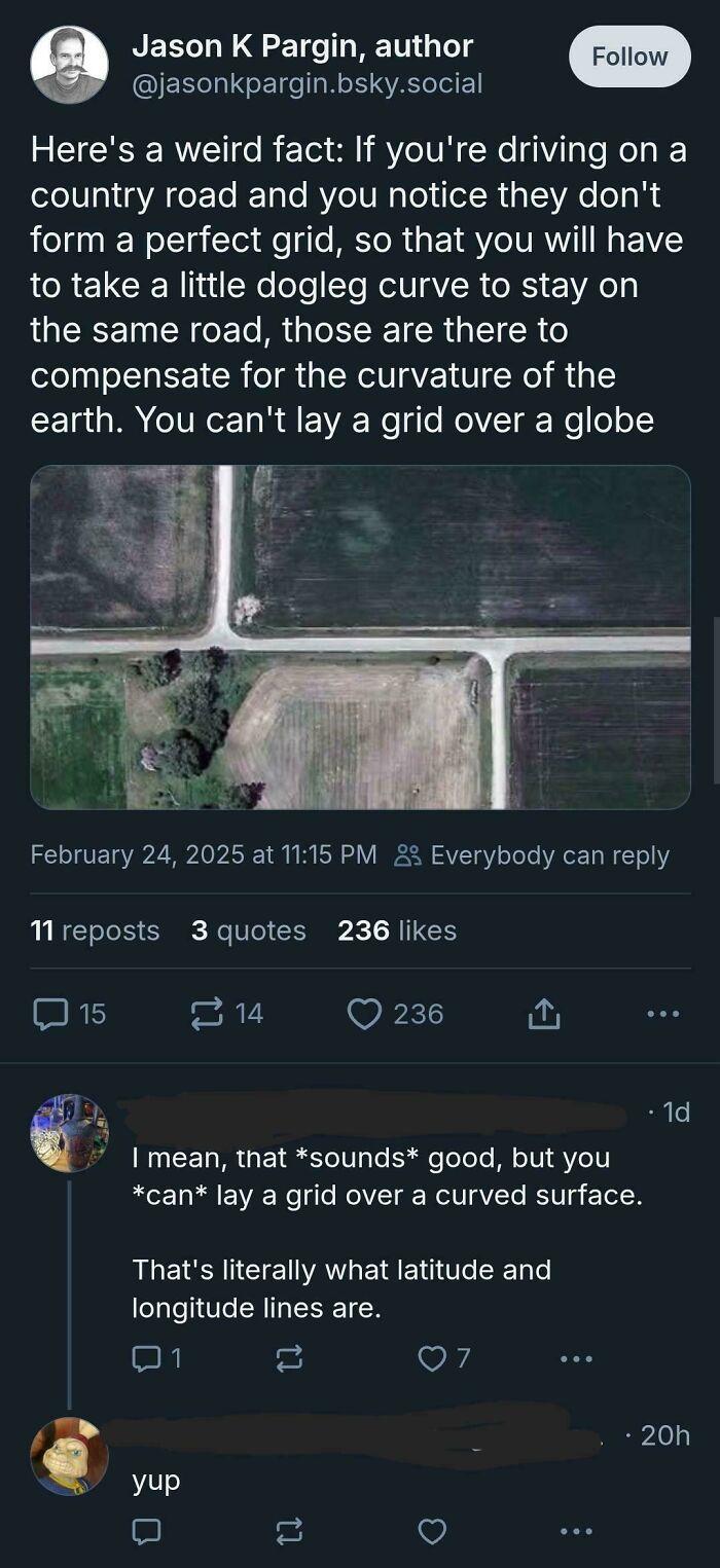 Twitter post discussing road grids and curvature with image of an aerial view of country roads, part of confident incorrect roasts.