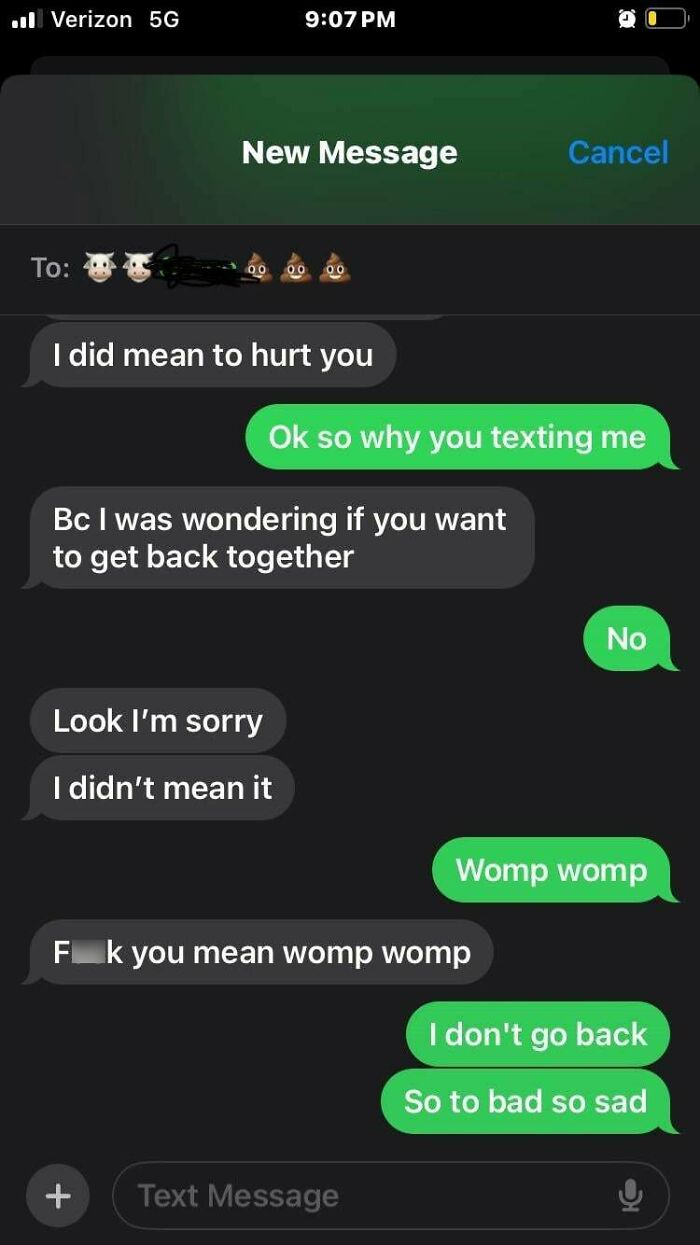 Text message exchange about wanting to get back together. Playful response with "womp womp" and "so to bad so sad."
