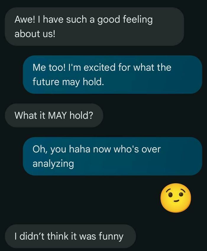 Chat conversation showing miscommunication, featuring text bubbles and a puzzled emoji.