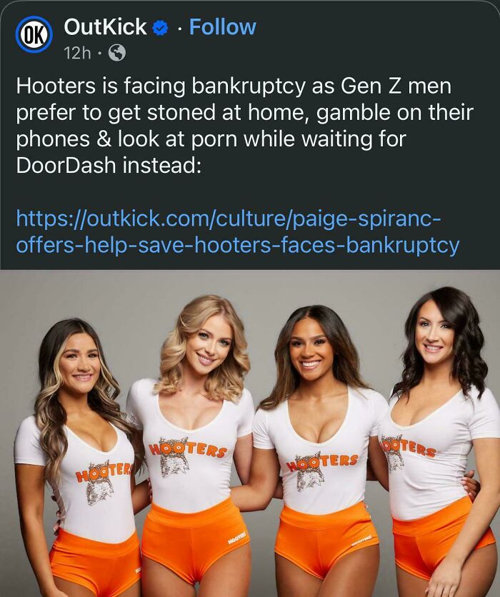 Four Hooters waitresses in white tops and orange shorts posing together for a photo illustrating unique sentences people said.