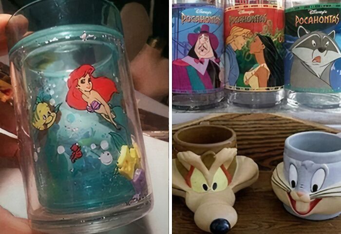 '90s memorabilia cups featuring Ariel, Pocahontas, and Looney Tunes characters.