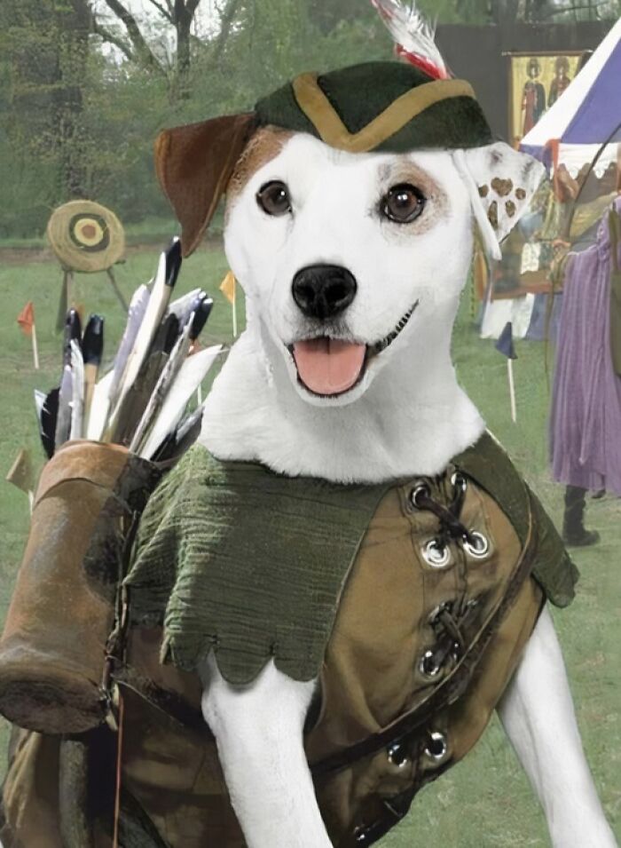 Dog dressed as Robin Hood with quiver, celebrating the wild '90s in costume.
