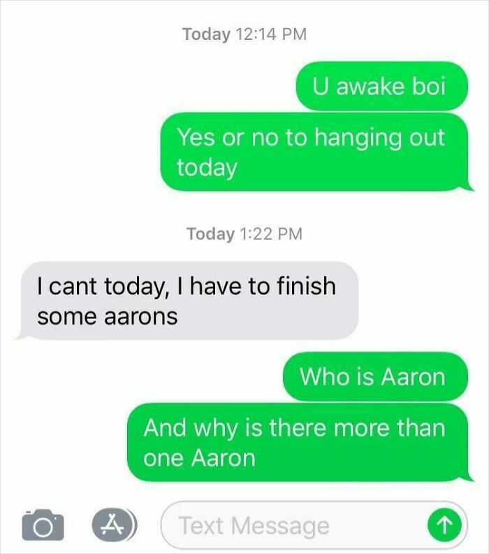 Text exchange with ridiculous word spelling "arons" instead of "errands," causing humorous confusion.