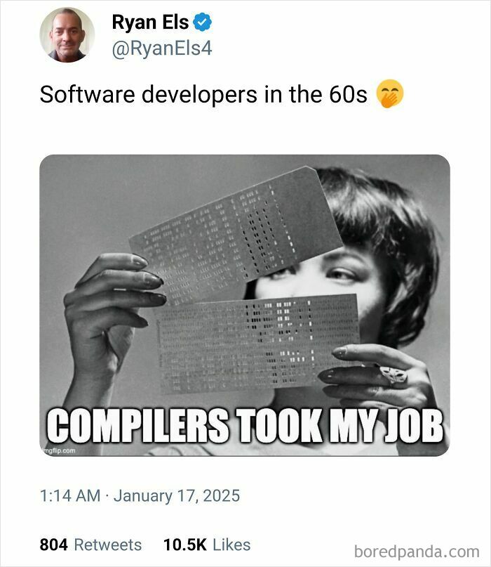 A programmer meme showing a person holding punch cards with text "Compilers took my job."