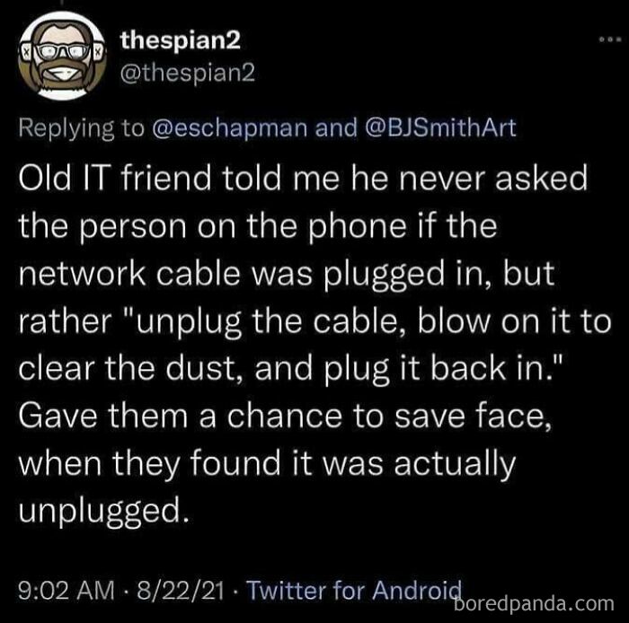 Text post about IT humor involving unplugging and replugging a network cable. Programmer meme.