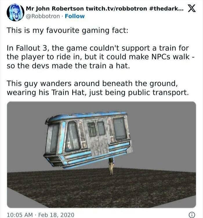 Tweet with a meme for programmers about Fallout 3, showing a train being used as a hat due to game limitations.