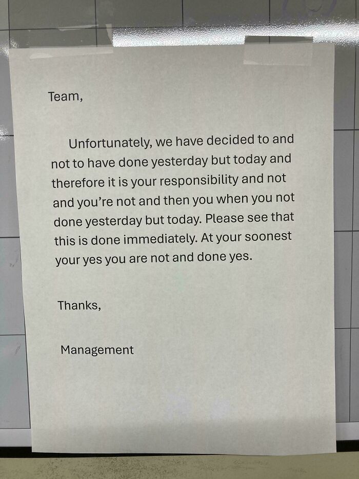 Confusing management note related to work responsibilities in the food service industry.