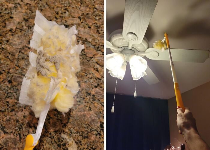 Dusting tool, a worthwhile impulse buy, shown used on a ceiling fan and dust-covered after cleaning.