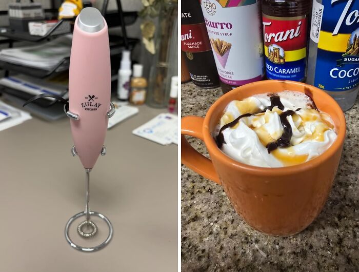 "Impulse buys: A milk frother and a mug of whipped cream coffee with syrups in the background."
