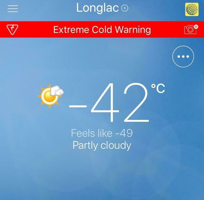 Canada weather app showing -42°C, feels like -49, with partly cloudy skies and extreme cold warning.
