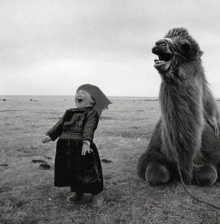 Child laughing with a camel in a historic moment.