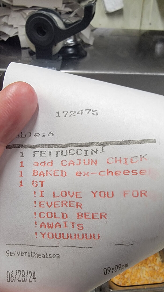 Food service industry receipt with a humorous message about cold beer and love, featuring various meal orders.