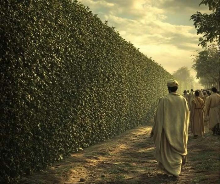 A tall, historical hedge with people walking beside it, under a cloudy sky.