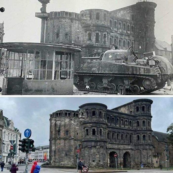 Historic photographs showing changes at an ancient Roman gate with a tank from wartime and modern-day street views.