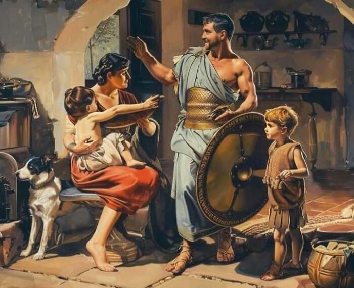 A historical scene with a family and a warrior holding a shield, set in an ancient home with a dog nearby.