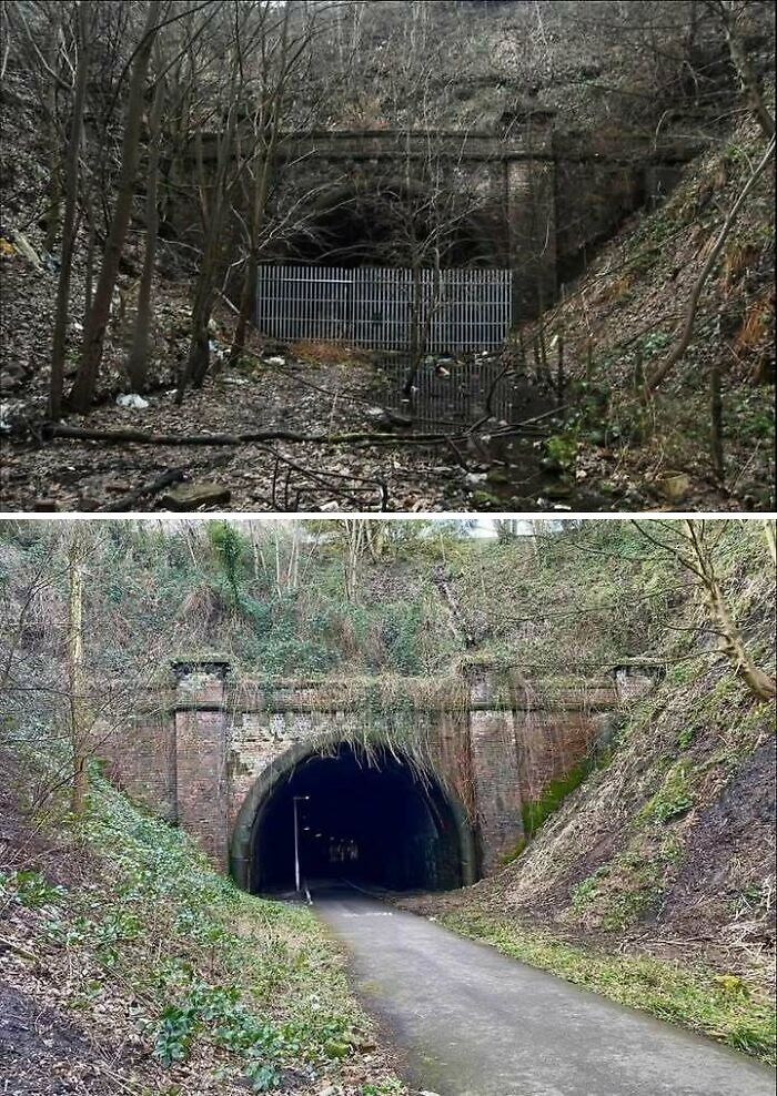 Historical tunnels in a wooded area, one gated and overgrown, the other open with a path leading through.