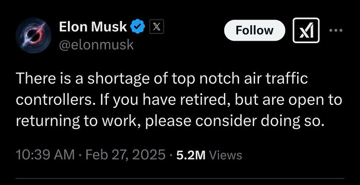 Tweet about air traffic controller shortage; has 5.2M views.
