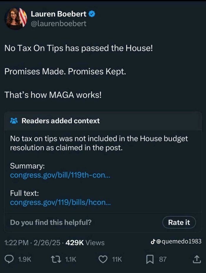 Tweet with claim about a tax bill and a reader's correction, highlighting a facepalm moment.