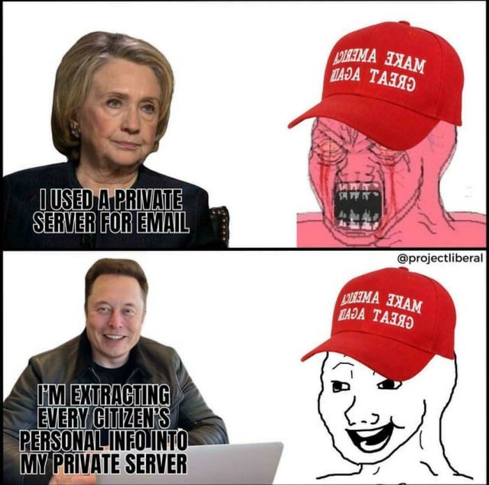 Two-panel meme highlighting facepalm moments with a political theme, involving private servers and emotional reactions.