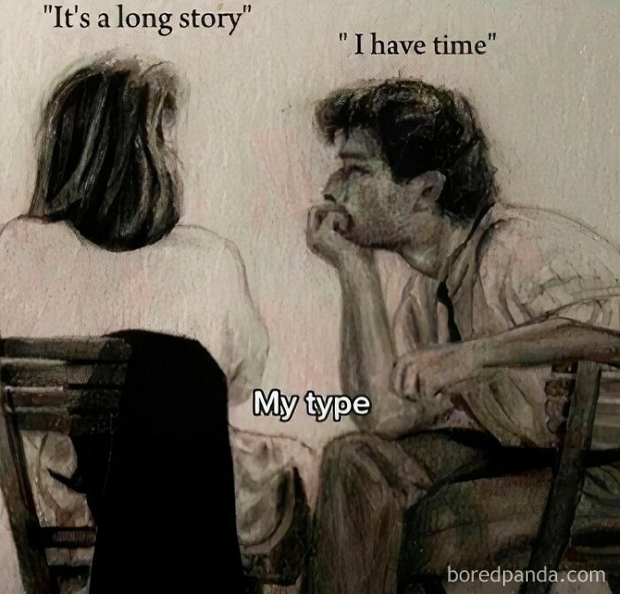 Couple conversing with captions "It's a long story" and "I have time," representing relatable girly meme.