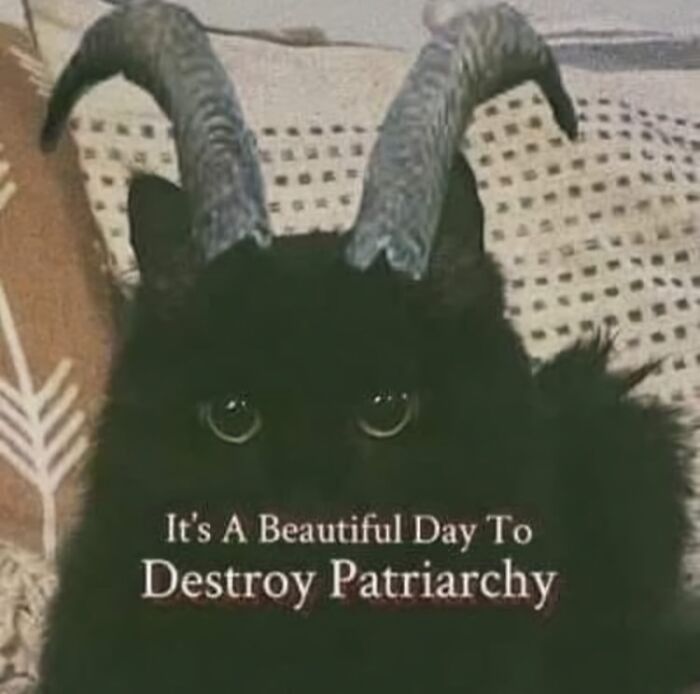 Black cat with horns, captioned "It's A Beautiful Day To Destroy Patriarchy," embodying just girly things meme humor.