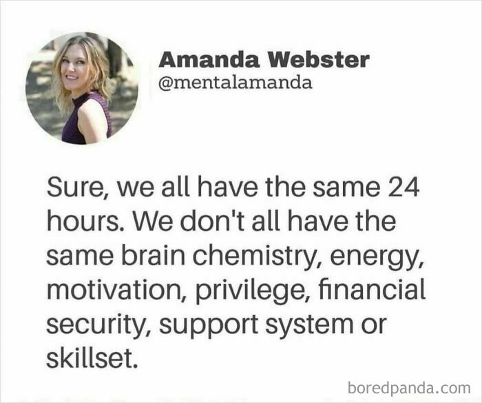 Amanda Webster tweet about differences in brain chemistry, energy, and privilege. Girly Things meme for women relate.