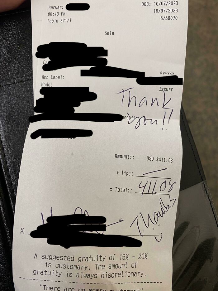 Receipt showing a handwritten "Thank you" and calculated gratuity note, reflecting mildly infuriating server tips.