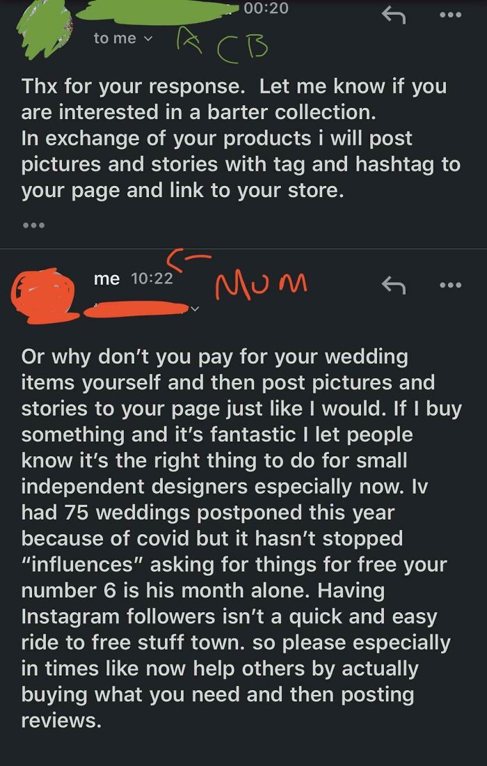 Text conversation highlighting infuriating entitled influencers demanding free wedding items.