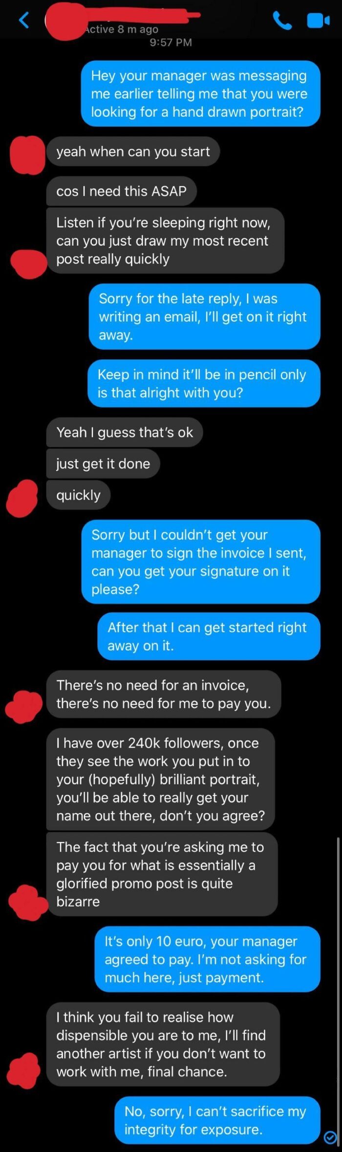 Chat exchange showcasing infuriating entitled influencers demanding free artwork in exchange for exposure.