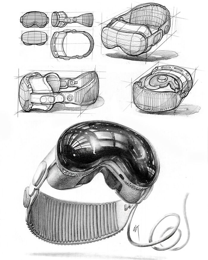Hyper-realistic illustration of virtual reality headset sketches by a South Korean artist.
