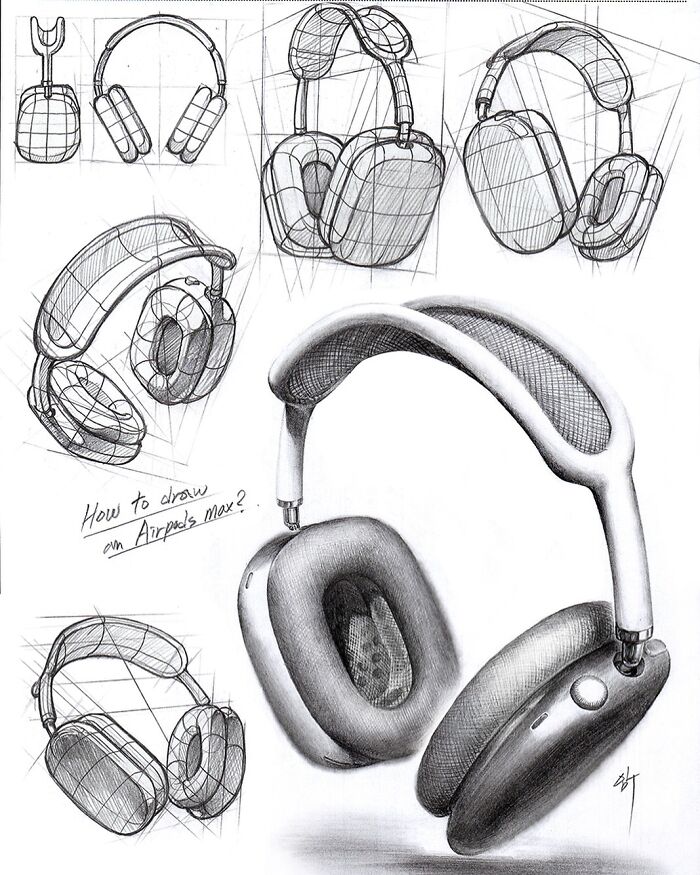 Hyper-realistic illustrations of headphones by South Korean artist, sketching detailed designs from various angles.