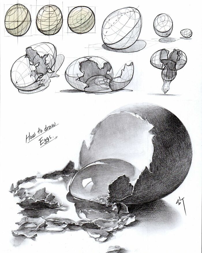 Hyper-realistic illustrations of eggs in various stages of drawing by South Korean artist.