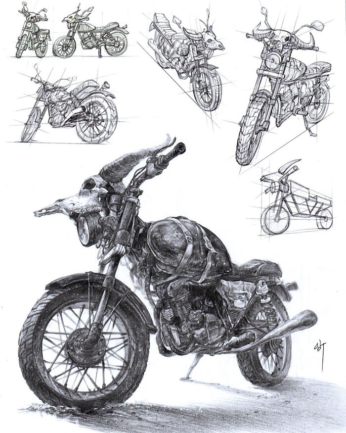 Hyper-realistic illustrations of motorcycles with detailed skeletal elements, created by a South Korean artist.