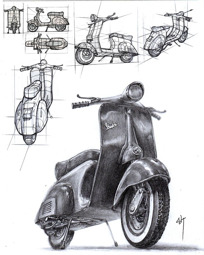 Hyper-realistic illustration by South Korean artist showing detailed sketches of a classic scooter from various angles.