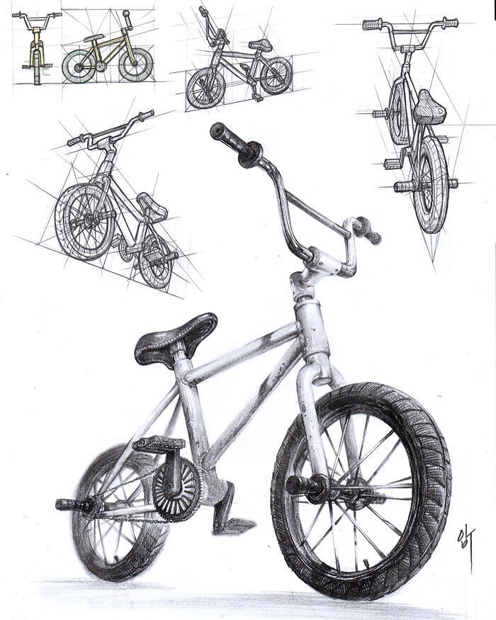 Hyper-realistic bicycle illustration by a South Korean artist, showcasing detailed sketches and different perspectives.