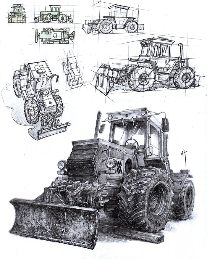 Hyper-realistic illustrations of tractors by a South Korean artist, featuring detailed sketches and technical views.