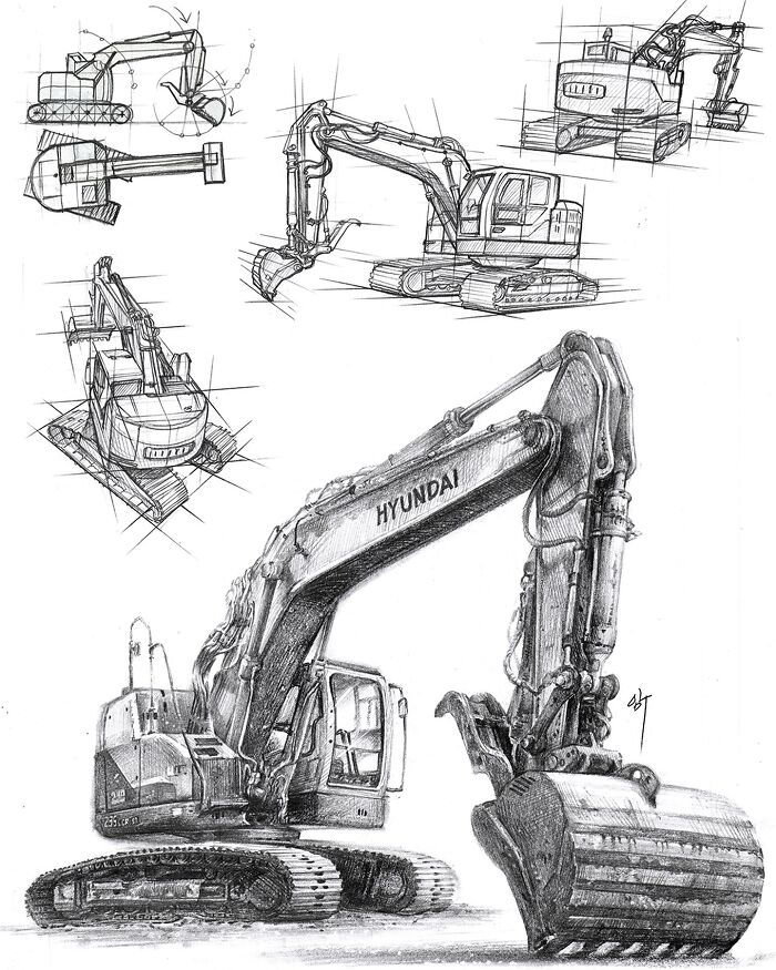 Hyper-realistic illustrations of construction equipment by a South Korean artist, showcasing detailed sketches and design.