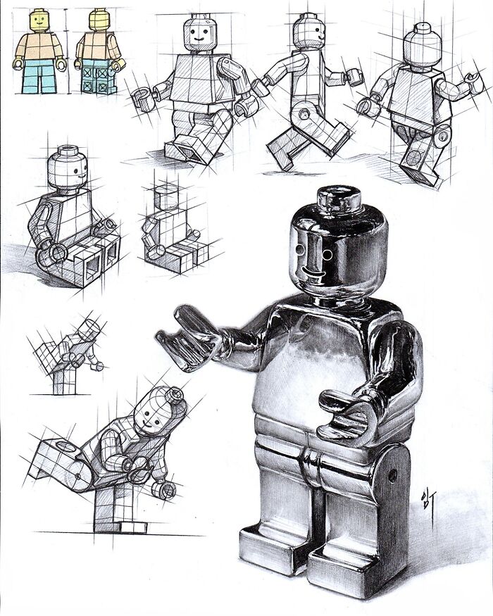 Hyper-realistic illustration of LEGO figures in various poses, showcasing detailed sketch work and shading techniques.