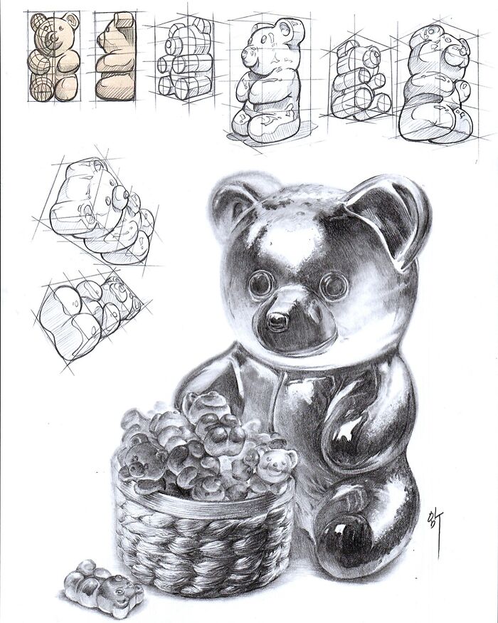 Hyper-realistic illustration of a gummy bear with sketches showing different angles and basket of grapes.