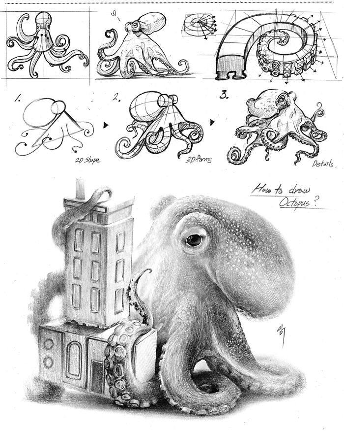 Hyper-realistic illustration of an octopus by South Korean artist, showing drawing stages with building and tentacle details.